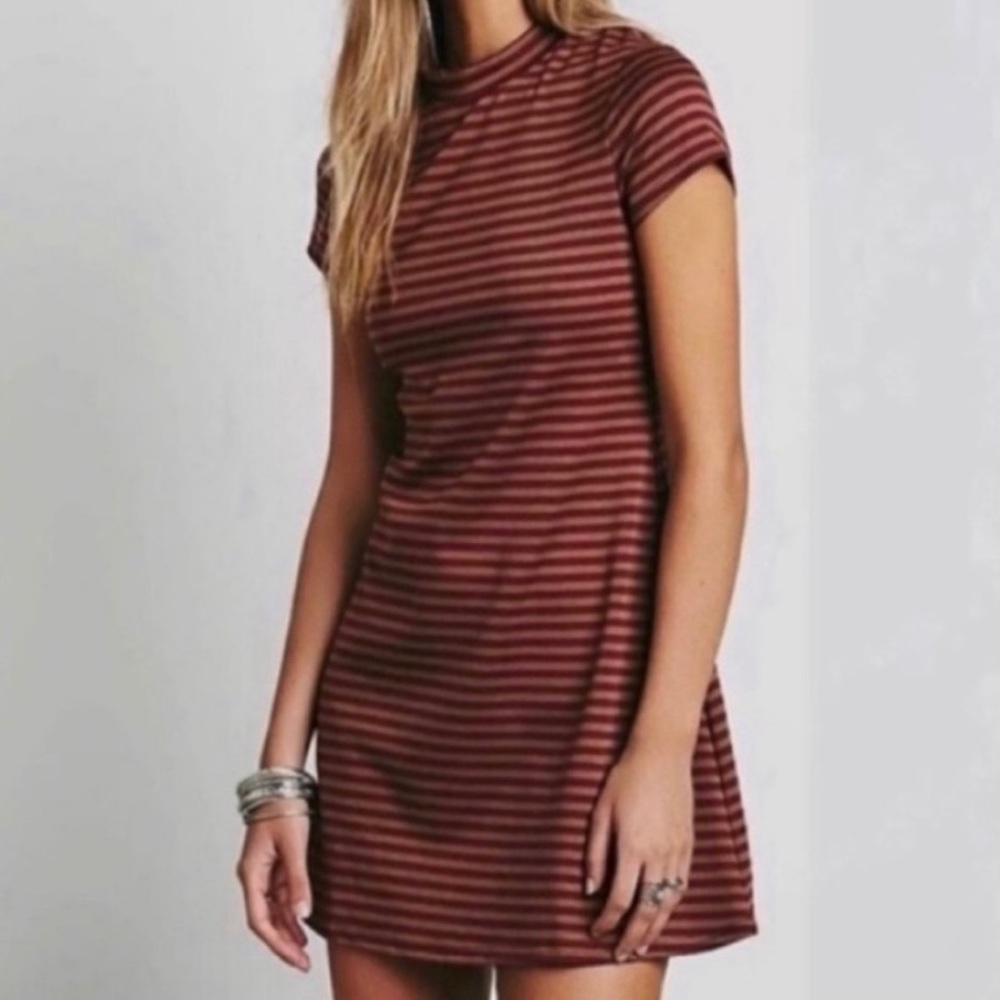 Free People Beach Striped Mock Neck Mini Dress Maroon & Brown Women’s Size XS
